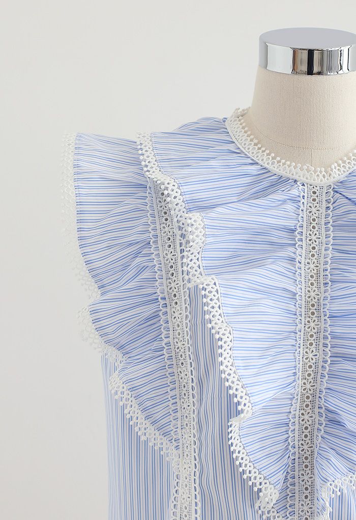Layered Ruffle Crochet Trim Sleeveless Top in Stripe