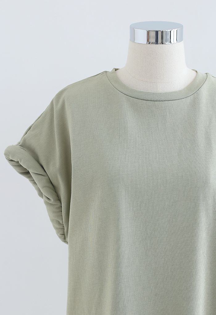 Quilted Twist Cuffs Oversize Top in Pea Green