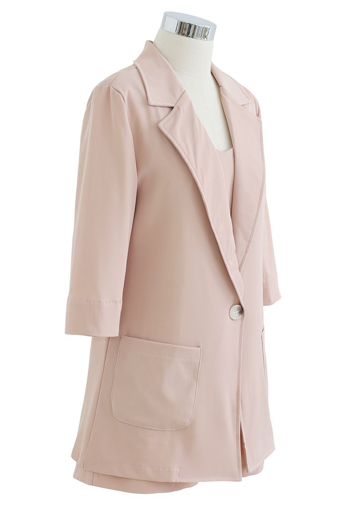 Three-Piece Blazer and Shorts Set in Blush Pink