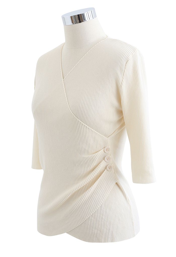 Side Button Wrapped Knit Top in Cream