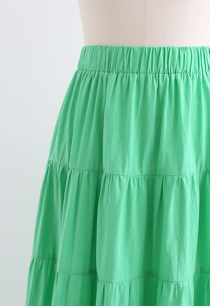 Solid Color Frilling Cotton Midi Skirt in Green