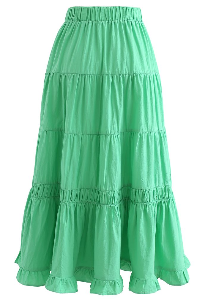 Solid Color Frilling Cotton Midi Skirt in Green