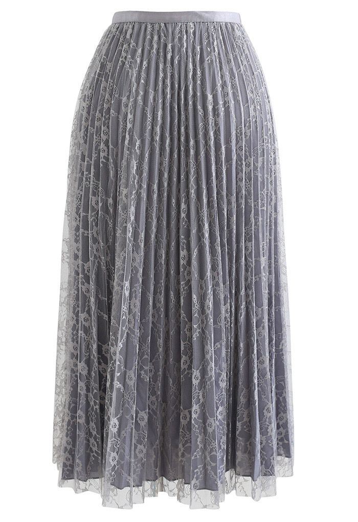 Full Lace Pleated Midi Skirt in Grey