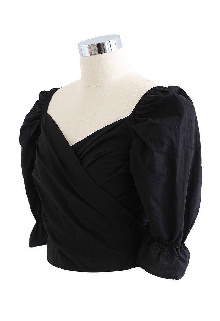 Wrap Front Shirred Crop Top in Black