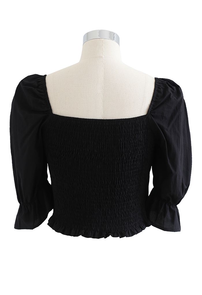 Wrap Front Shirred Crop Top in Black