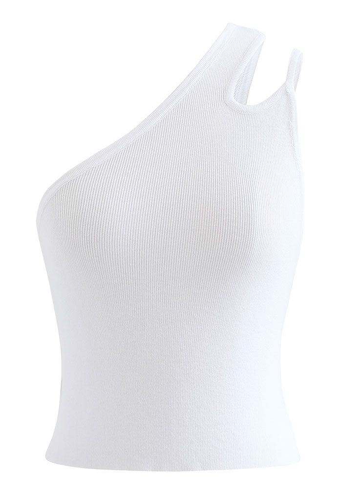 Dual Strap One-Shoulder Crop Knit Top in White