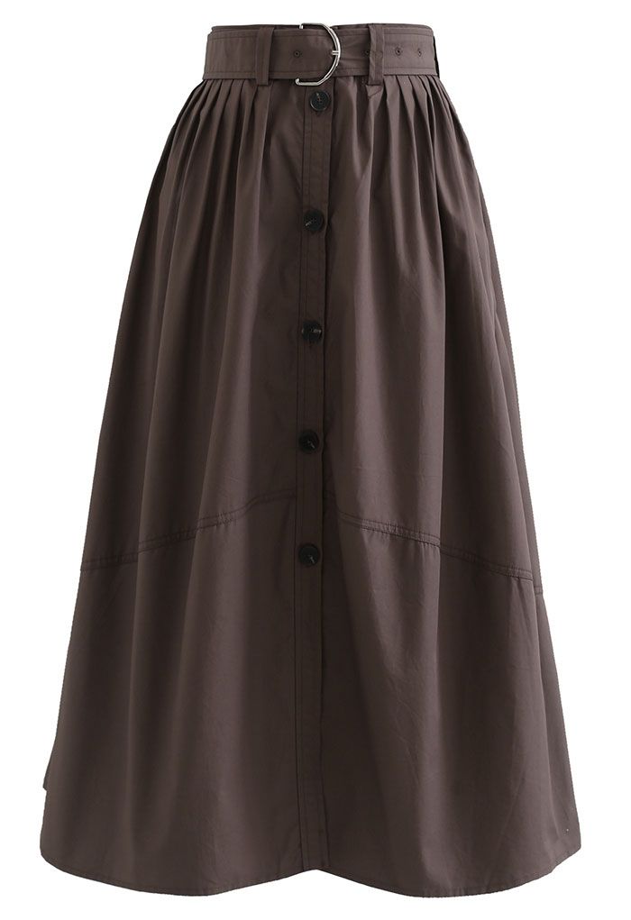 Brown Belted Button Down Pleated Midi Skirt