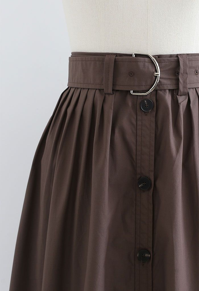Brown Belted Button Down Pleated Midi Skirt