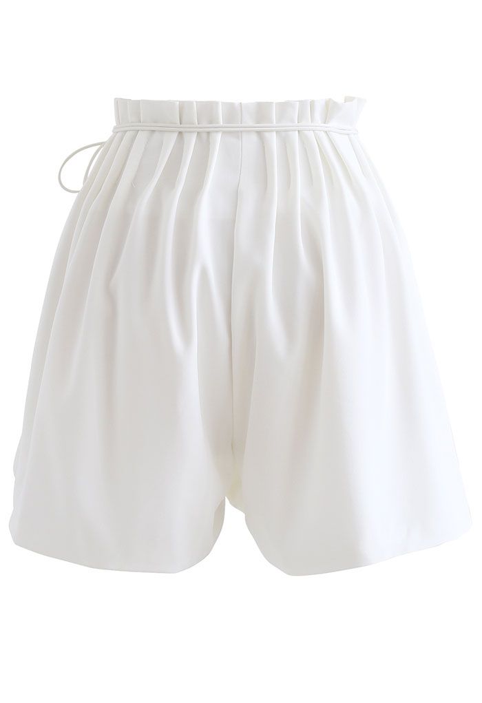 Ruched Waist Self-Tie String Shorts in White