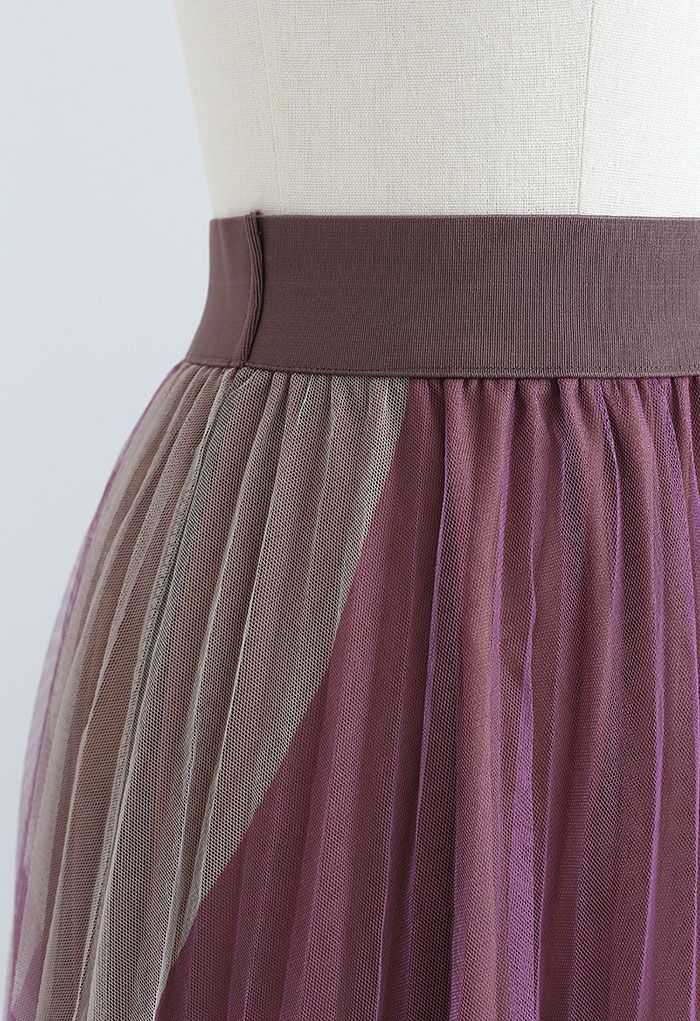 Double-Layered Color Block Mesh Tulle Midi Skirt in Brown