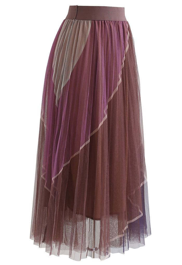 Double-Layered Color Block Mesh Tulle Midi Skirt in Brown