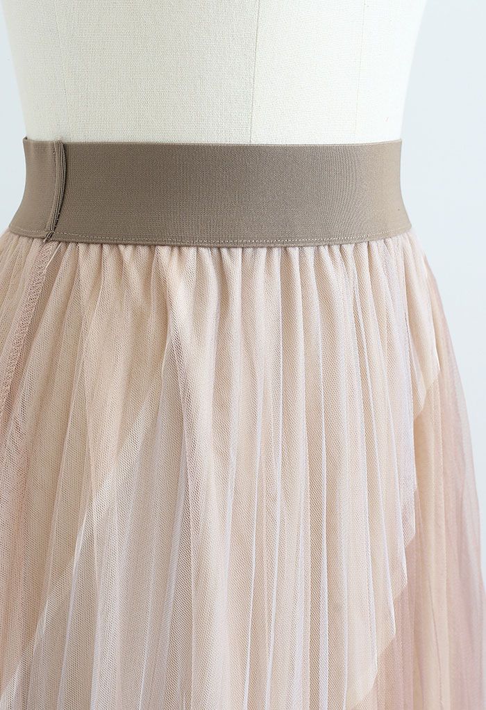 Double-Layered Color Block Mesh Tulle Midi Skirt in Caramel