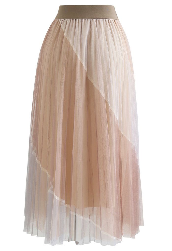 Double-Layered Color Block Mesh Tulle Midi Skirt in Caramel