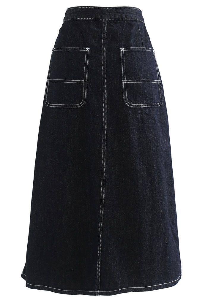 Seam Detail Flap Buttoned Denim Skirt
