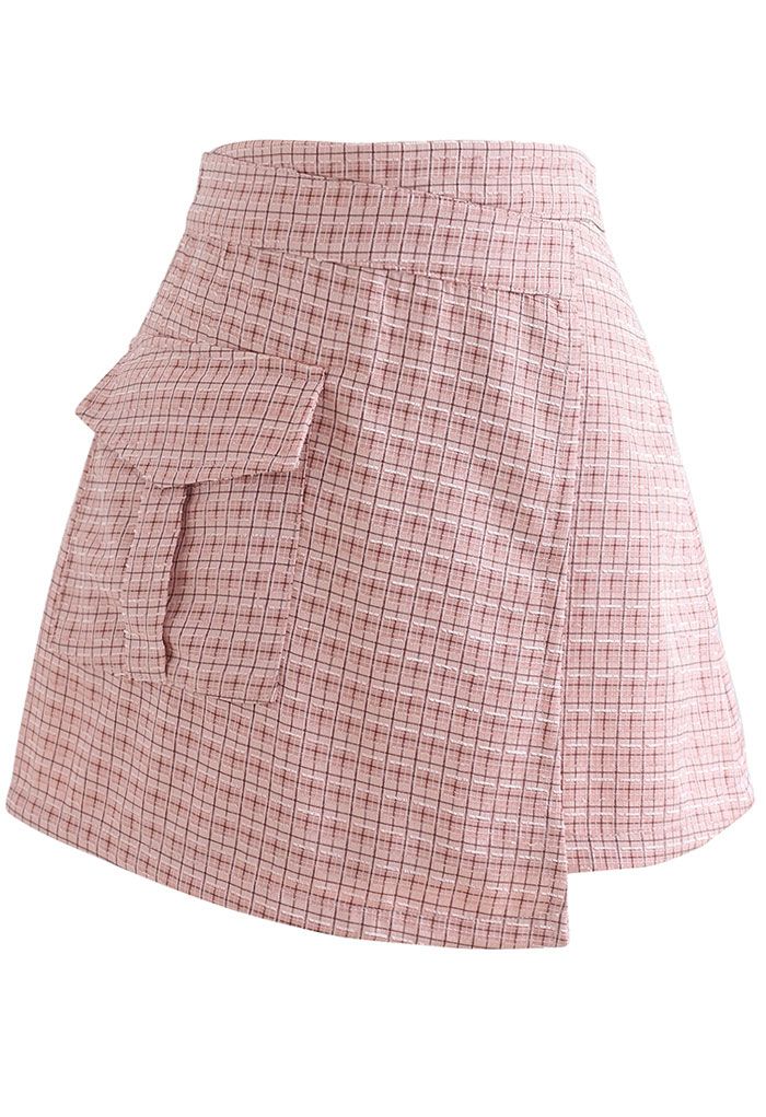 Check Print Fringed Mini Skirt in Pink