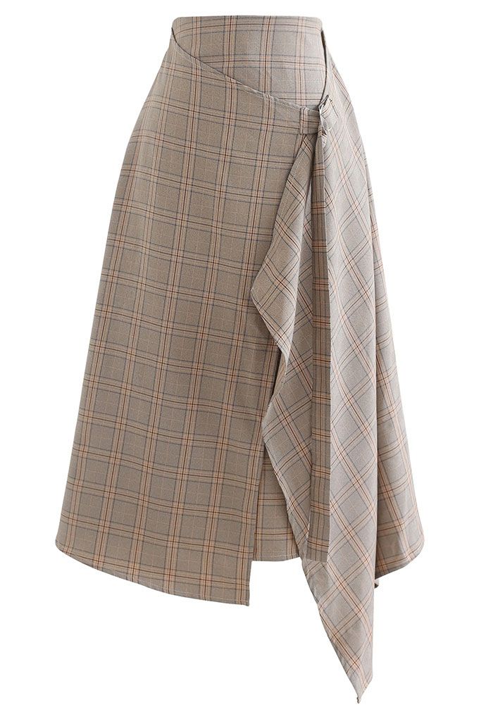Flap Front Check Print Asymmetric Skirt