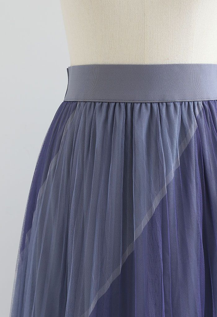 Double-Layered Color Block Mesh Tulle Midi Skirt in Dusty Blue