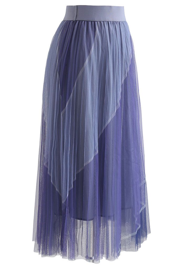 Double-Layered Color Block Mesh Tulle Midi Skirt in Dusty Blue