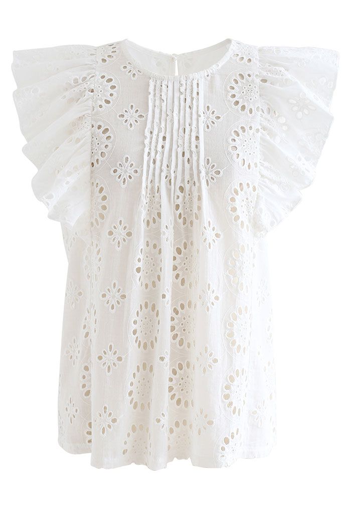 Pintuck Eyelet Embroidered Floral Sleeveless Top