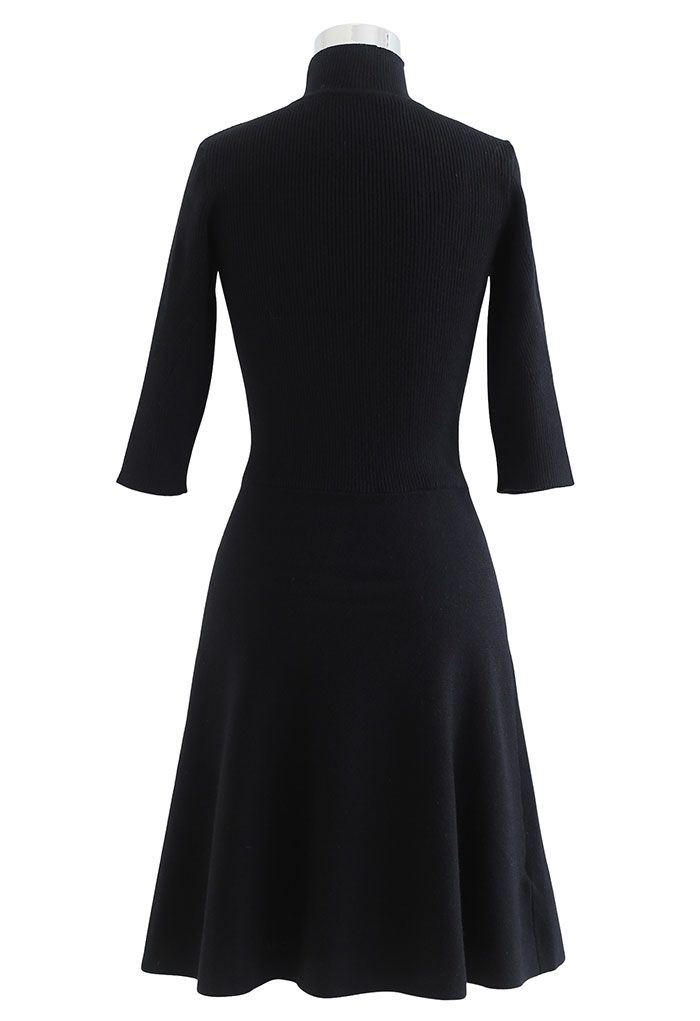 V-Shape Cutout Ribbed Knit Midi Dress in Black