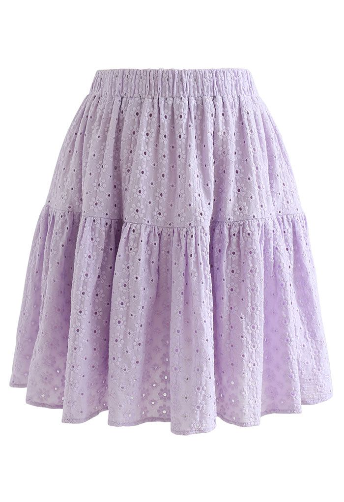 Sweetheart Floral Embroidery Puff-Sleeved Crop Top and Skirt Set in Lilac
