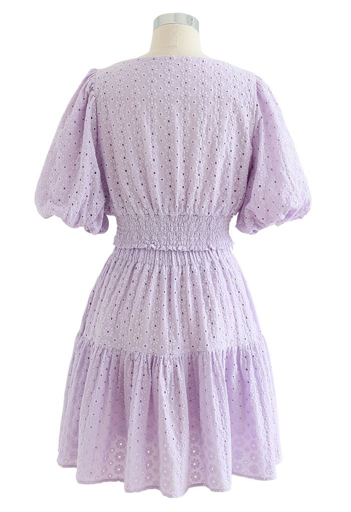 Sweetheart Floral Embroidery Puff-Sleeved Crop Top and Skirt Set in Lilac