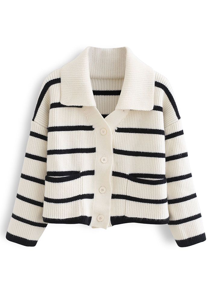 Contrast Stripe Button Down Crop Knit Cardigan