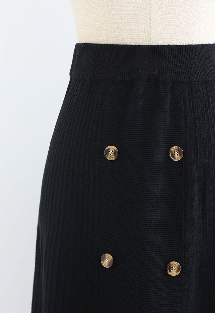Button Front A-Line Knit Midi Skirt in Black