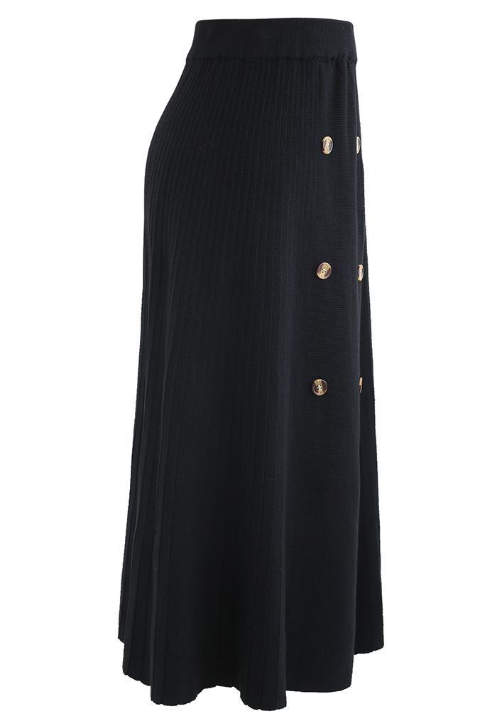 Button Front A-Line Knit Midi Skirt in Black
