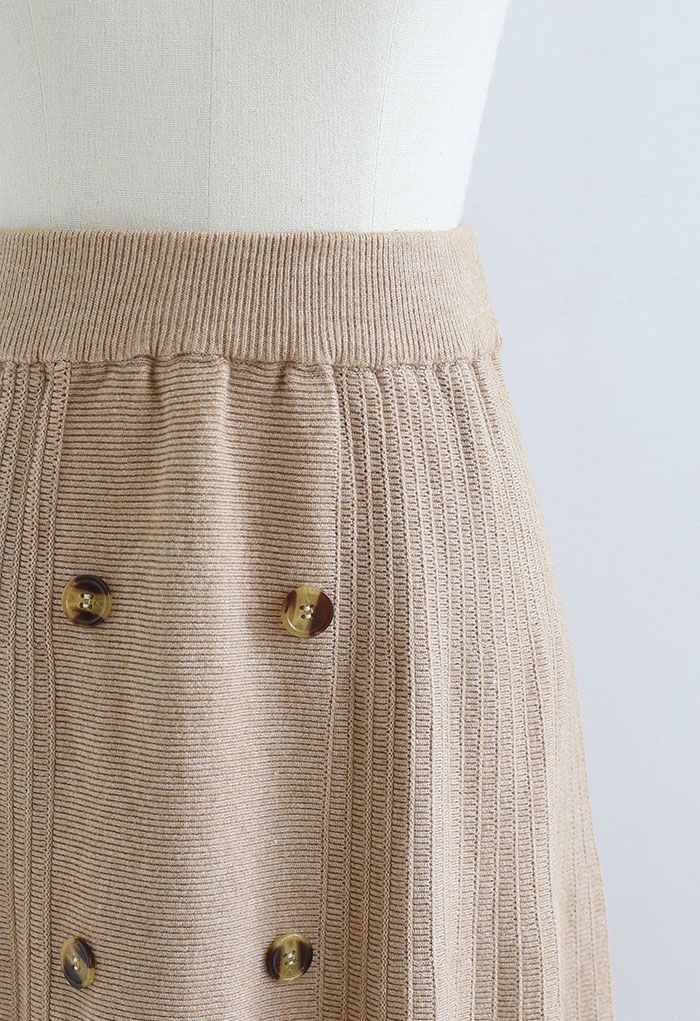 Button Front A-Line Knit Midi Skirt in Light Tan