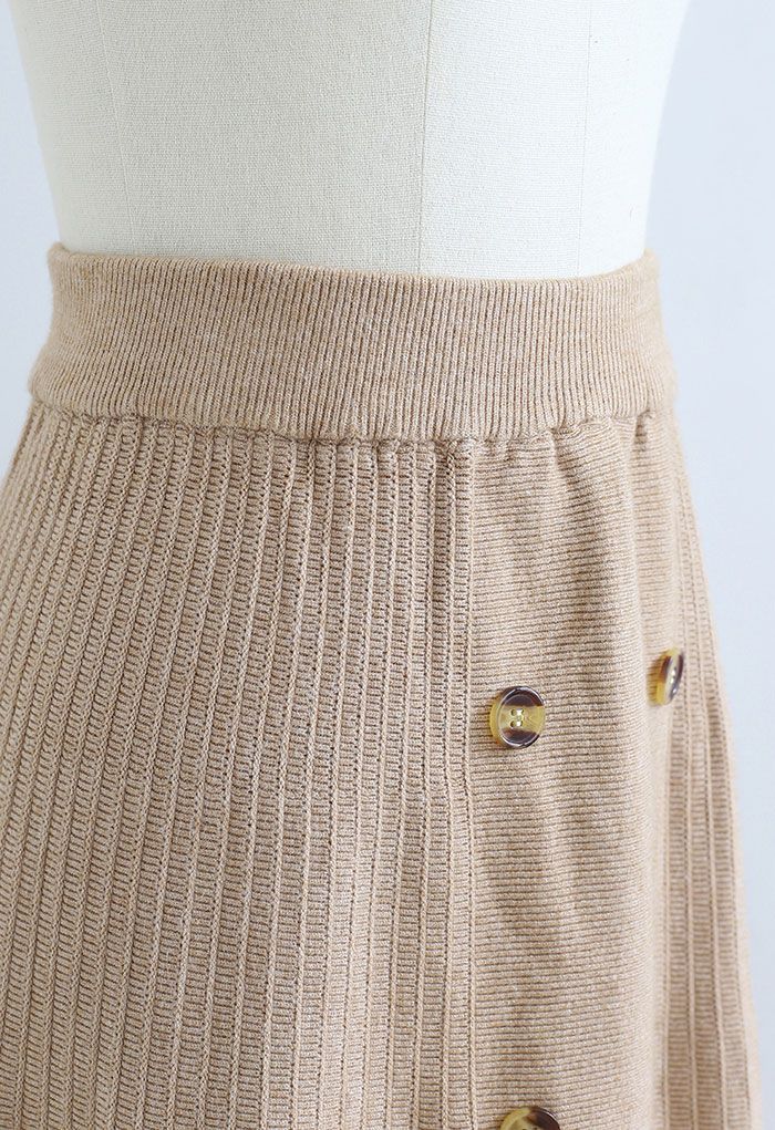 Button Front A-Line Knit Midi Skirt in Light Tan