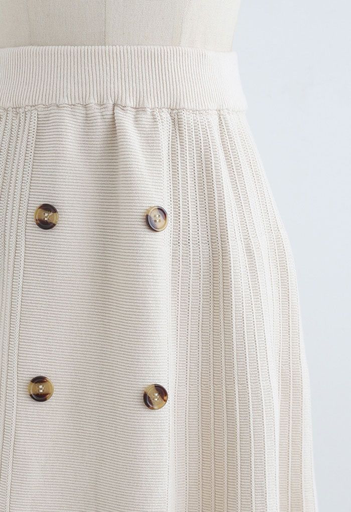 Button Front A-Line Knit Midi Skirt in Ivory