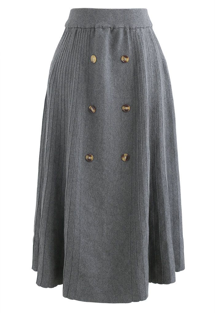 Button Front A-Line Knit Midi Skirt in Grey