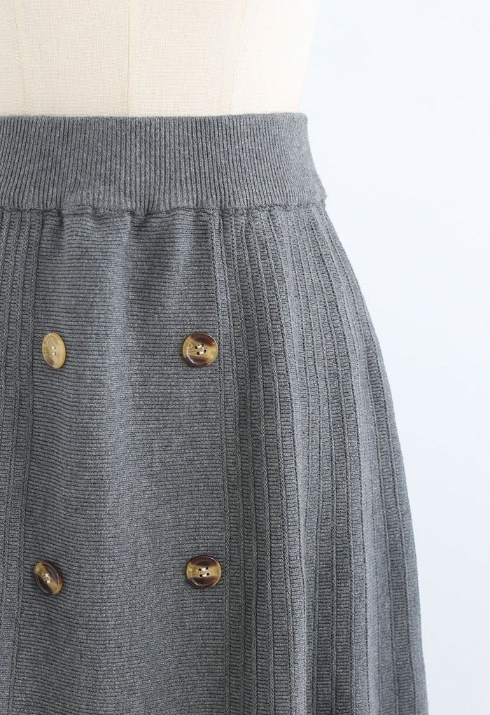 Button Front A-Line Knit Midi Skirt in Grey