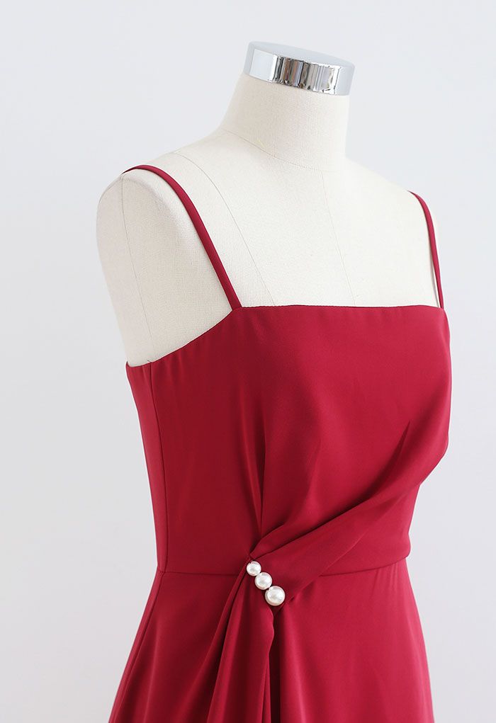 Pearl Trim Ruched Draped Asymmetric Cami Dress in Red