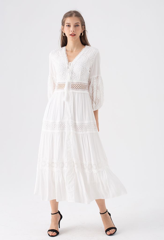 Sunflower Embroidered Lace-Up Front White Maxi Dress - Retro, Indie and ...
