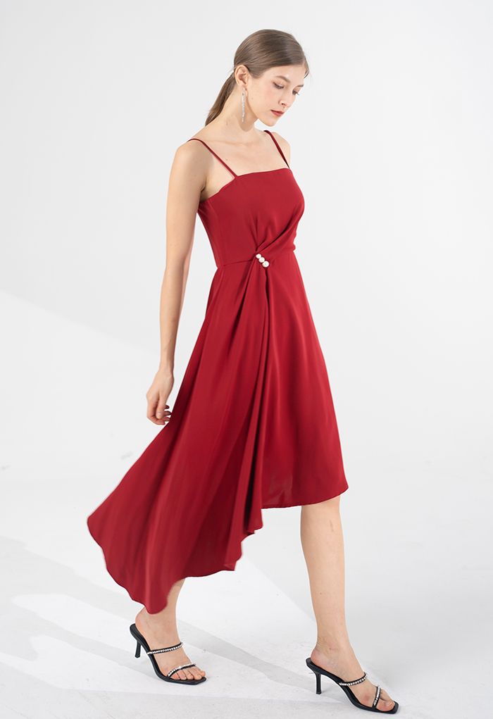 Pearl Trim Ruched Draped Asymmetric Cami Dress in Red