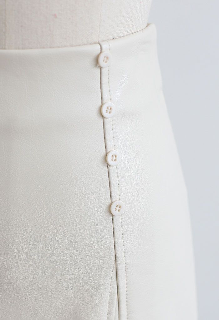 Polished Button Trim Faux Leather Bud Skirt in Ivory
