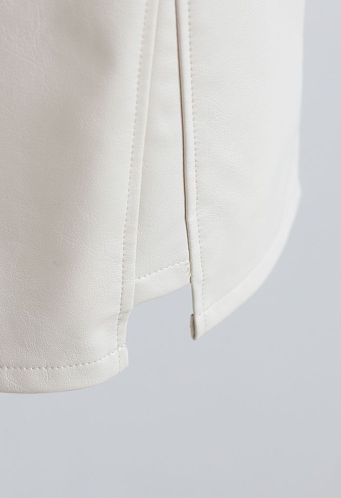 Polished Button Trim Faux Leather Bud Skirt in Ivory