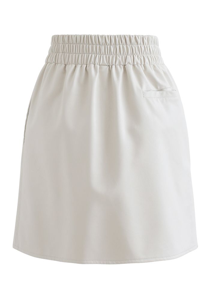 Side and Back Pocket Faux Leather Bud Skirt in Ivory
