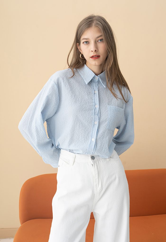 Embossed Button Down Hi-Lo Shirt in Blue