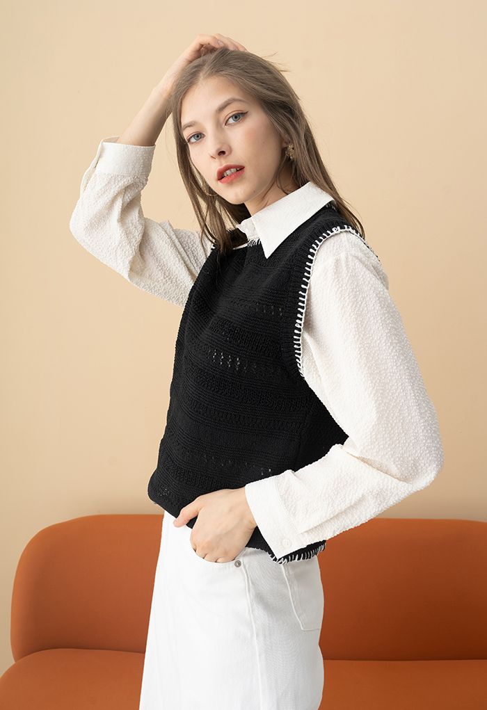 Contrast Edge Hollow Out Knit Vest in Black