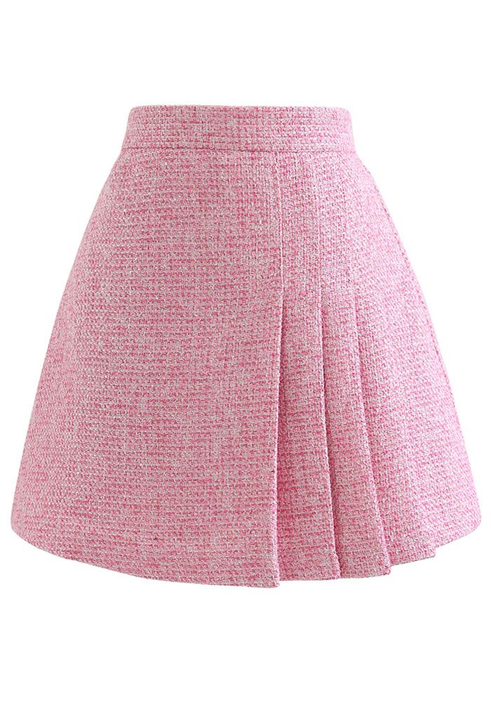 Shimmer Metallic Pleated Tweed Mini Skirt in Hot Pink