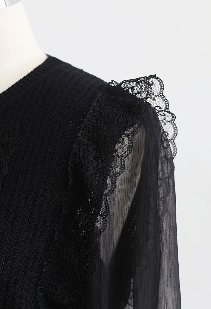 Spliced Mesh Sleeve Knit Top in Black