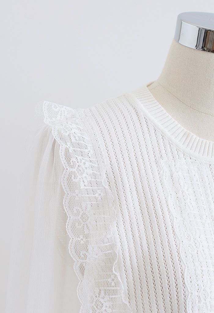 Spliced Mesh Sleeve Knit Top in White