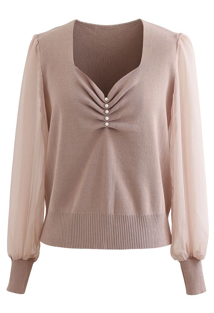 Sweetheart Neck Pearly Spliced Knit Top in Tan