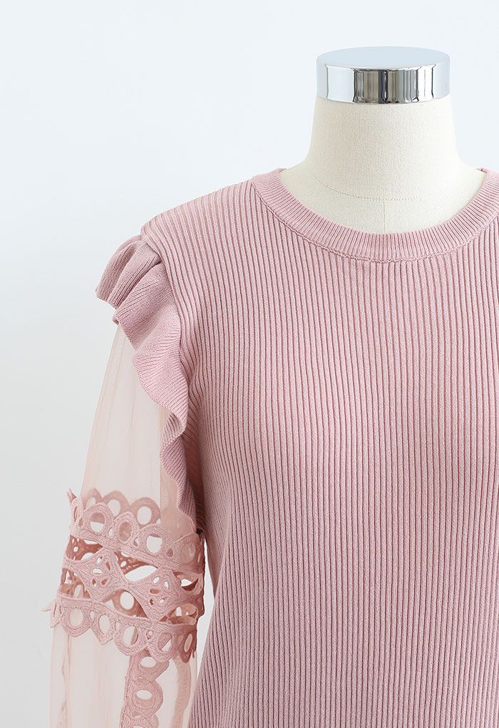 Lace-Adorned Mesh Sleeve Knit Top in Pink