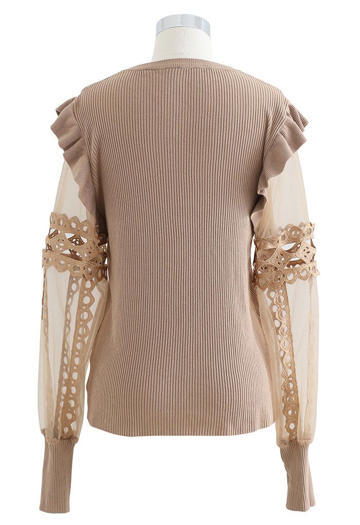 Lace-Adorned Mesh Sleeve Knit Top in Tan