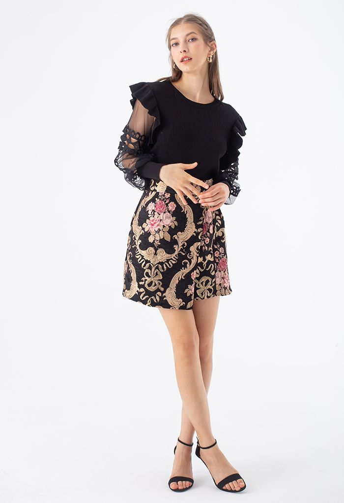 Baroque Peony Jacquard Flap Mini Skirt
