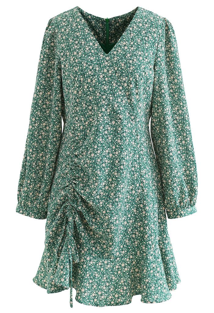 Drawstring Front Daisy Print Flare Dress in Green